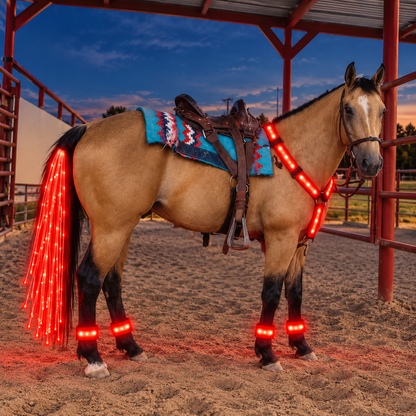 Horse wearing the EquiGlow LED kit in red at dusk