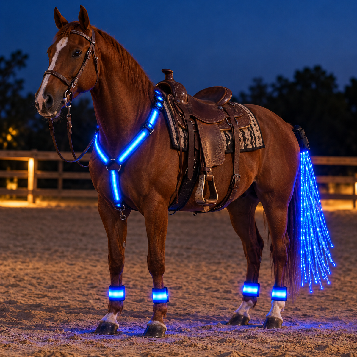Horse wearing the EquiGlow LED kit in blue at night